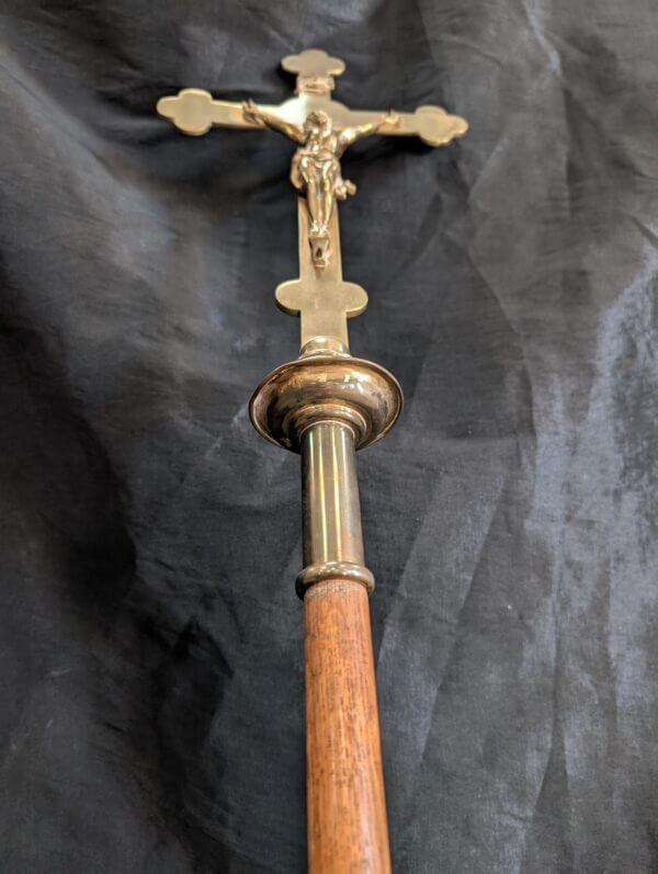 Traditional Vintage Brass & Oak Processional Cross with Stand