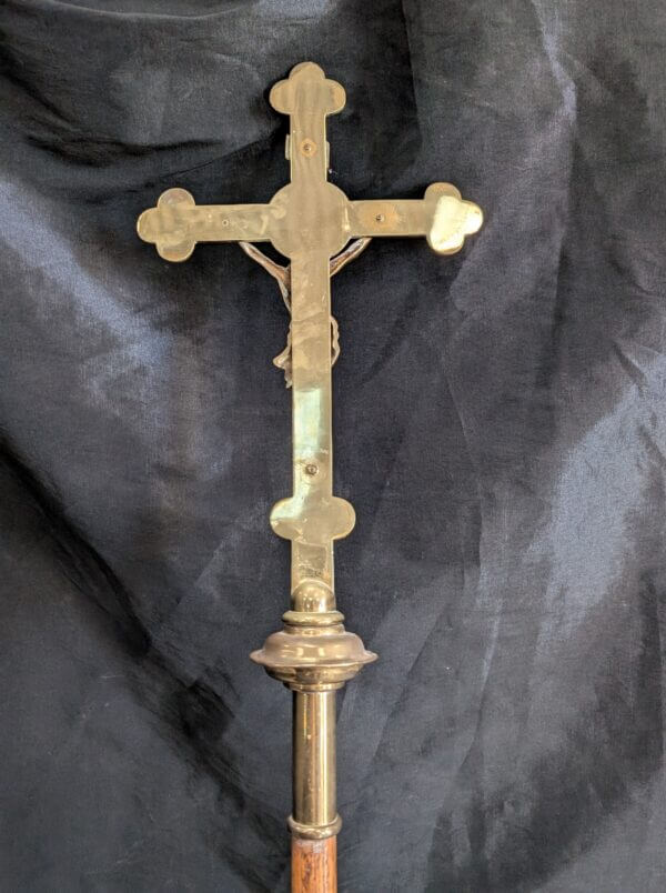 Traditional Vintage Brass & Oak Processional Cross with Stand