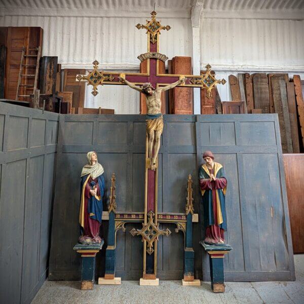 Excellent Quality Gothic Carved Antique Wooden Rood Cross and Figures from Rugby