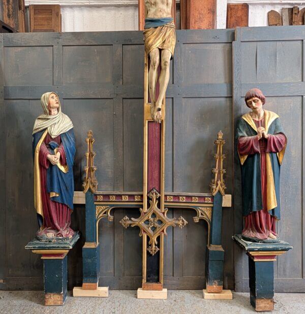 Excellent Quality Gothic Carved Antique Wooden Rood Cross and Figures from Rugby