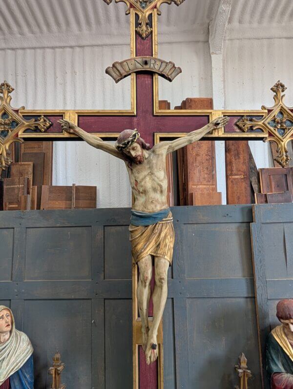 Excellent Quality Gothic Carved Antique Wooden Rood Cross and Figures from Rugby