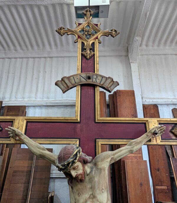 Excellent Quality Gothic Carved Antique Wooden Rood Cross and Figures from Rugby