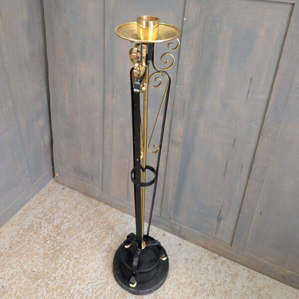 Decorative Brass and Black Steel Paschal Candlestand On Wooden Base