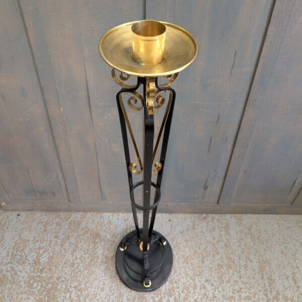Decorative Brass and Black Steel Paschal Candlestand On Wooden Base