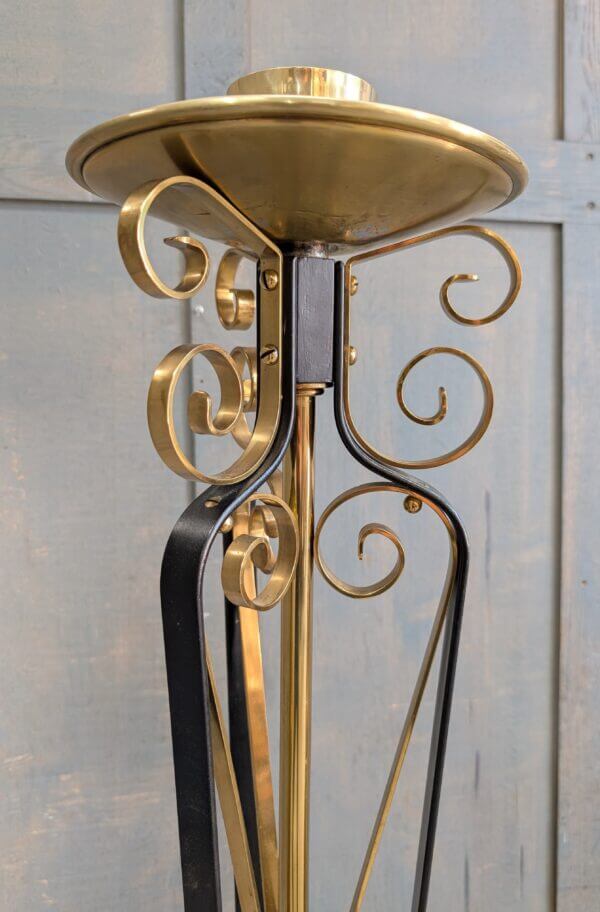 Decorative Brass and Black Steel Paschal Candlestand On Wooden Base