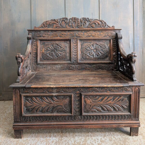 17th Century Style Antique Carved Oak Monks Bench with Griffins