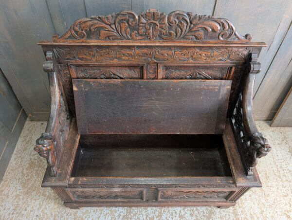 17th Century Style Antique Carved Oak Monks Bench with Griffins