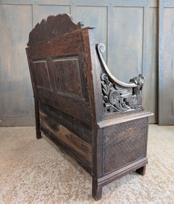 17th Century Style Antique Carved Oak Monks Bench with Griffins