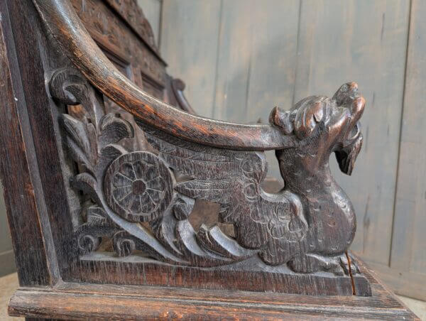 17th Century Style Antique Carved Oak Monks Bench with Griffins