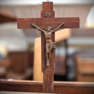 1950’s Vintage French Late Deco Teak Crucifix with Bronzed Metal Figure
