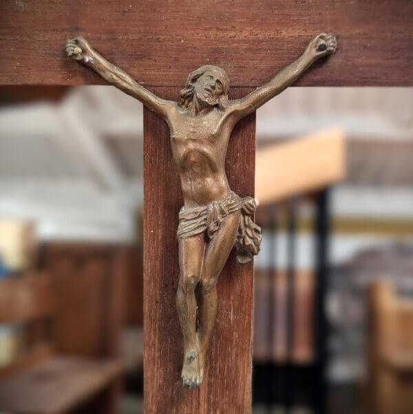 1950’s Vintage French Late Deco Teak Crucifix with Bronzed Metal Figure