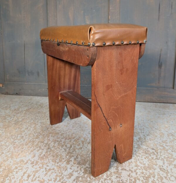Small Mid Century Upholstered Teak Church Stool