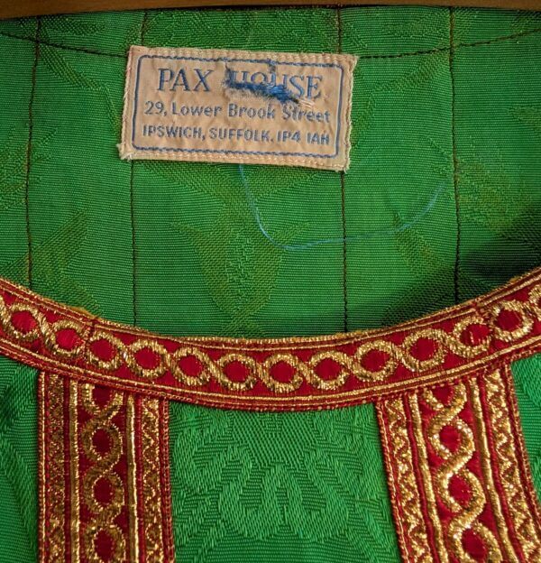 1970's Vintage Bright Green Chasuble with Red Gold Orphreys
