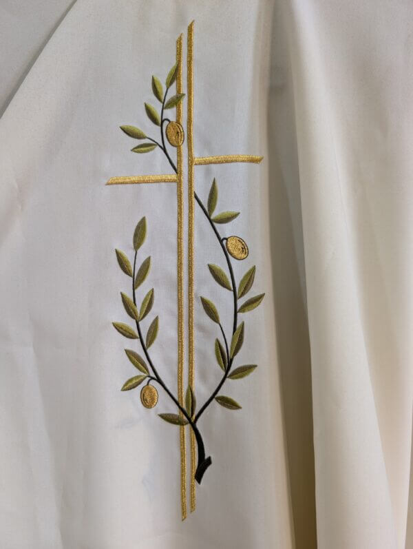 Stylish Italian Alb with Embroidered Gold Cross & Olive Tree