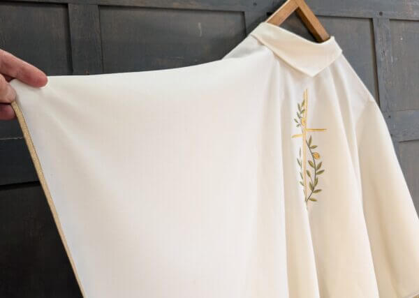 Stylish Italian Alb with Embroidered Gold Cross & Olive Tree