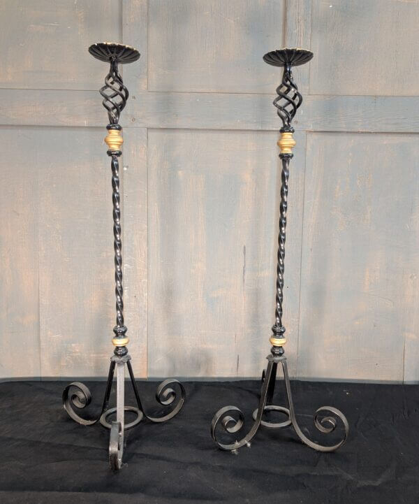 Pair of Heavy Wrought Iron Church Altar Candlesticks