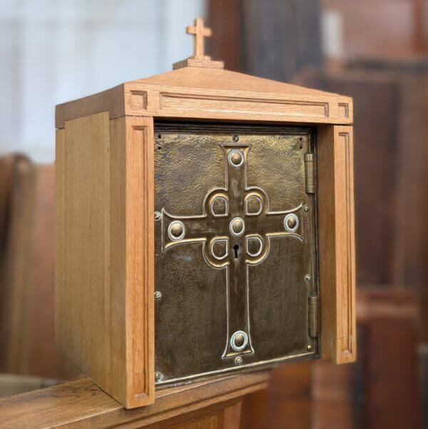 Arts & Crafts Brass & Steel Antique Church Tabernacle with Oak Case