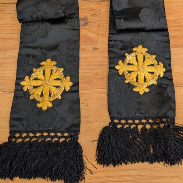Lined Damask Silk Black Funeral Stole with Gold Crosses