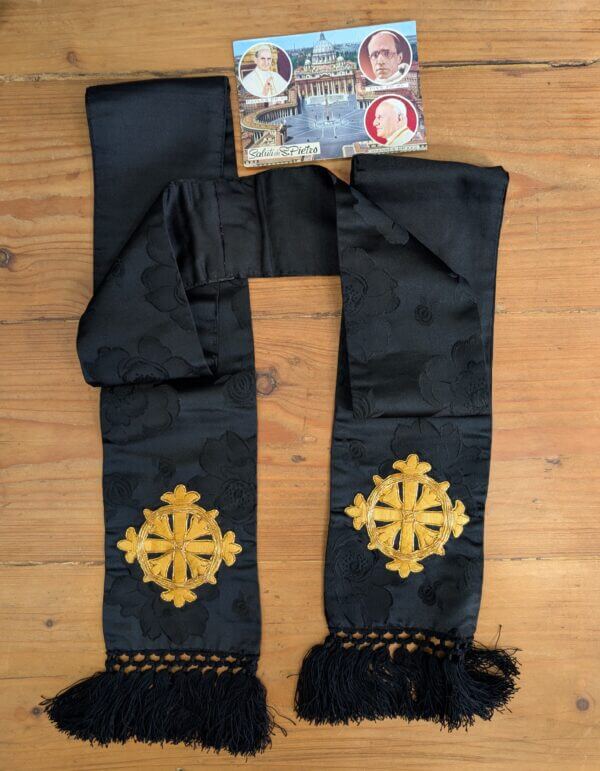 Lined Damask Silk Black Funeral Stole with Gold Crosses
