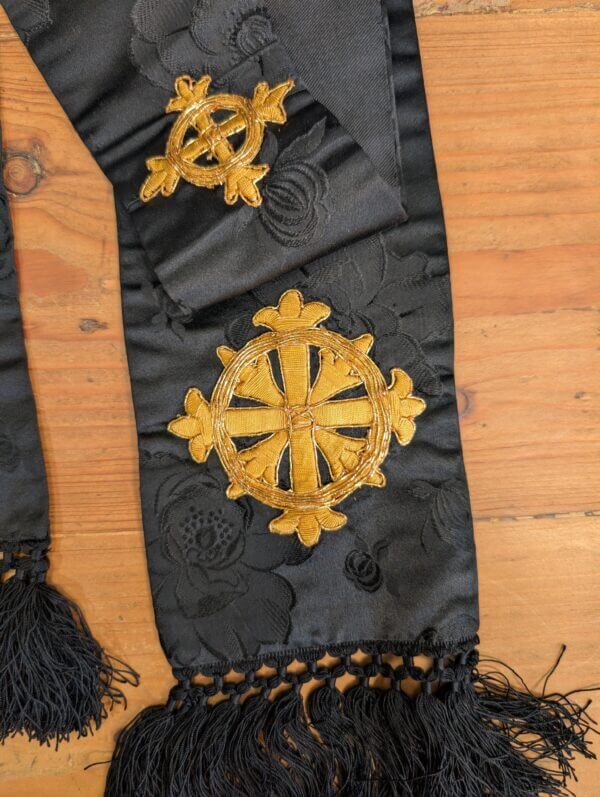 Lined Damask Silk Black Funeral Stole with Gold Crosses