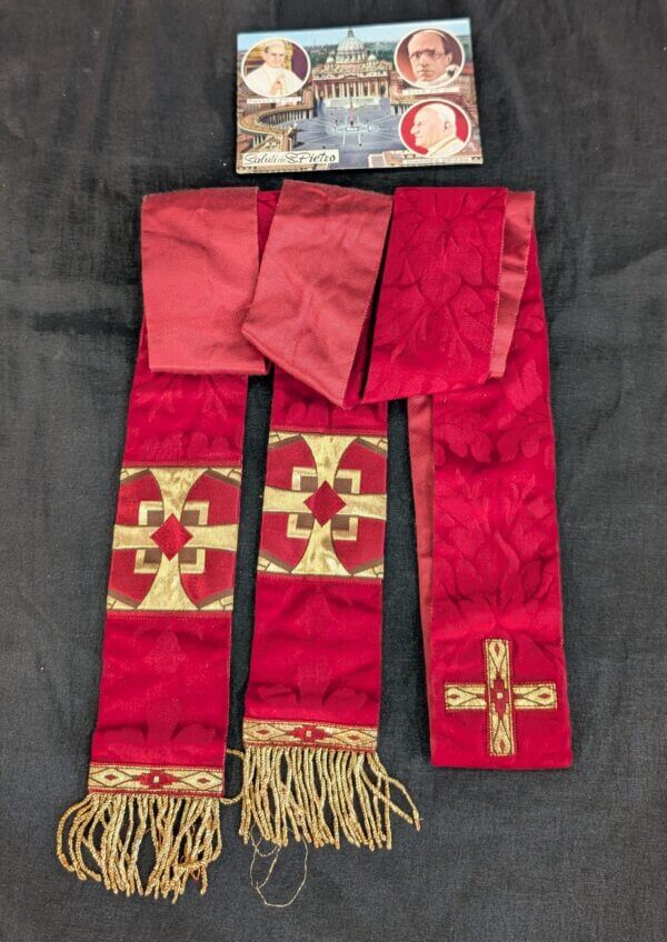 Long & Narrow Red Damask Silk Stole with Stylised Gold Canterbury Cross