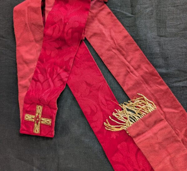 Long & Narrow Red Damask Silk Stole with Stylised Gold Canterbury Cross