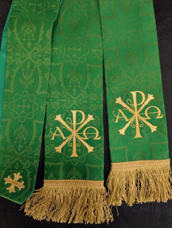 High Quality Lined Green Silk Damask Stole with Gold Embroidered PAX and Alpha Omega