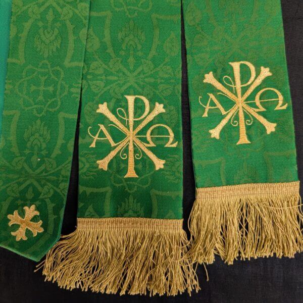 High Quality Lined Green Silk Damask Stole with Gold Embroidered PAX and Alpha Omega