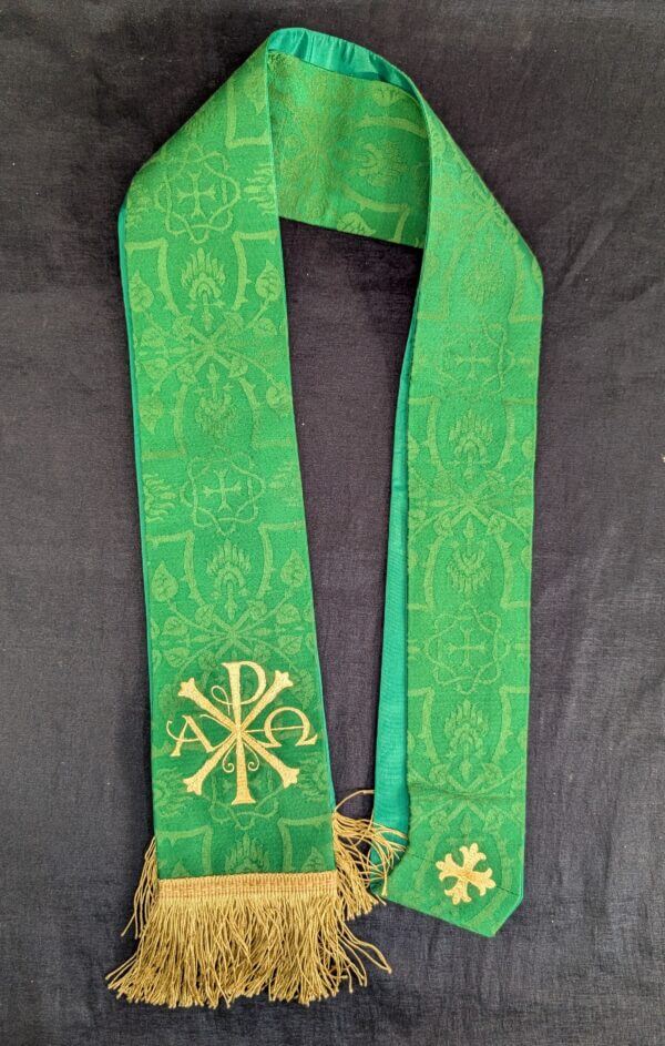 High Quality Lined Green Silk Damask Stole with Gold Embroidered PAX and Alpha Omega