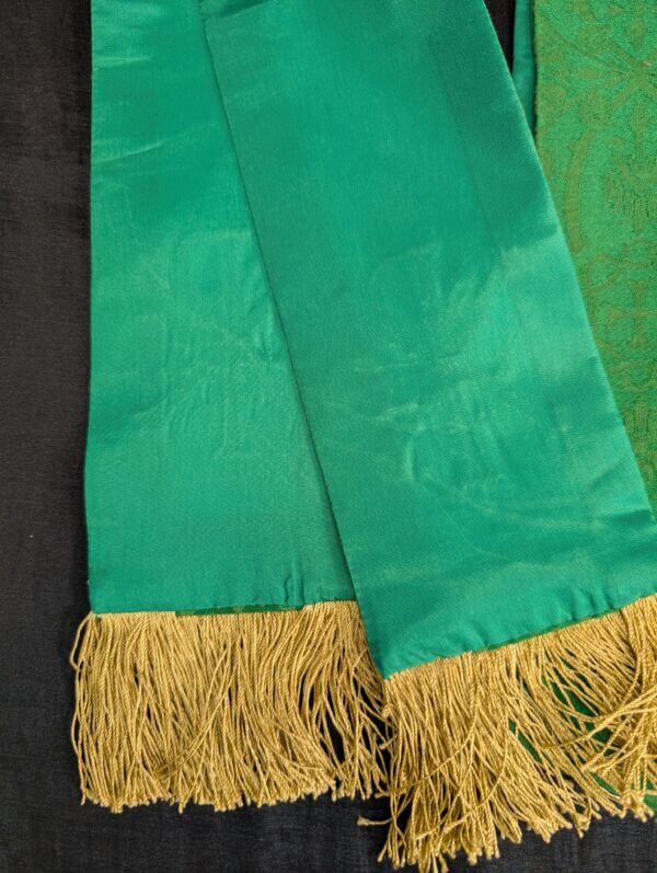High Quality Lined Green Silk Damask Stole with Gold Embroidered PAX and Alpha Omega