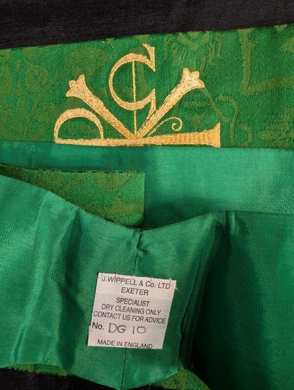 High Quality Lined Green Silk Damask Stole with Gold Embroidered PAX and Alpha Omega