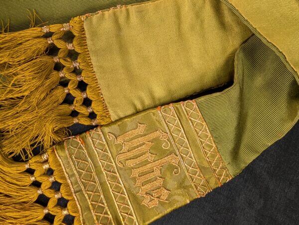Antique Green and Gold Embroidered Stole 'IHS His'