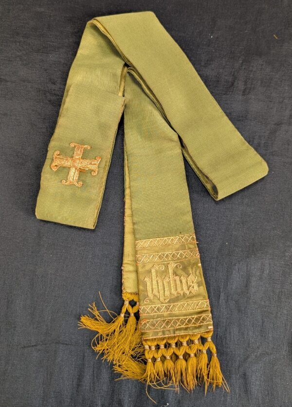 Antique Green and Gold Embroidered Stole 'IHS His'