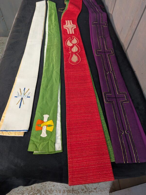 Four Modern Stoles Purple Green White & Red/Green Reversible