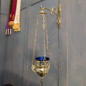 Small as New Brass & Blue Glass 'Vines' Sanctuary Votive Lamp with Hanger