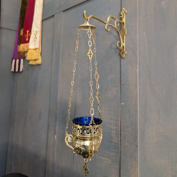 Small as New Brass & Blue Glass 'Vines' Sanctuary Votive Lamp with Hanger