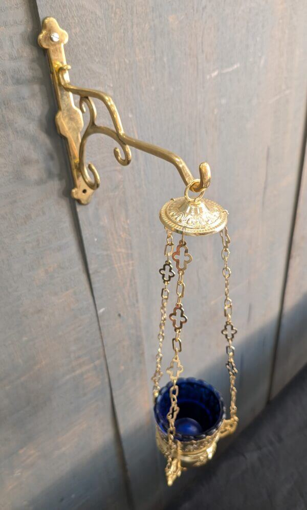 Small as New Brass & Blue Glass 'Vines' Sanctuary Votive Lamp with Hanger