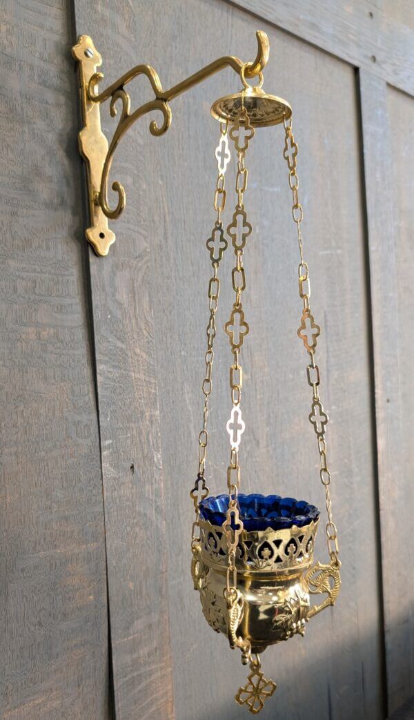 Small as New Brass & Blue Glass 'Vines' Sanctuary Votive Lamp with Hanger