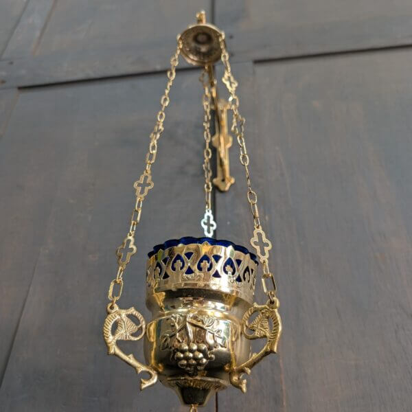 Small as New Brass & Blue Glass 'Vines' Sanctuary Votive Lamp with Hanger