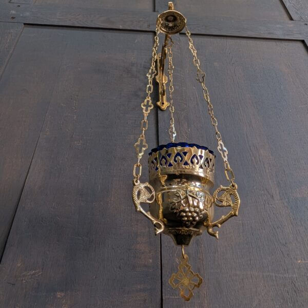 Small as New Brass & Blue Glass 'Vines' Sanctuary Votive Lamp with Hanger