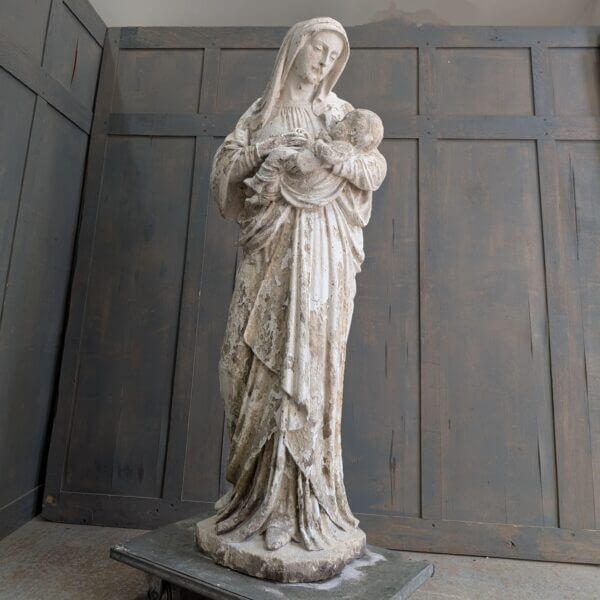 Lifesize Antique Carved Sandstone Religious Statue of Madonna and Child