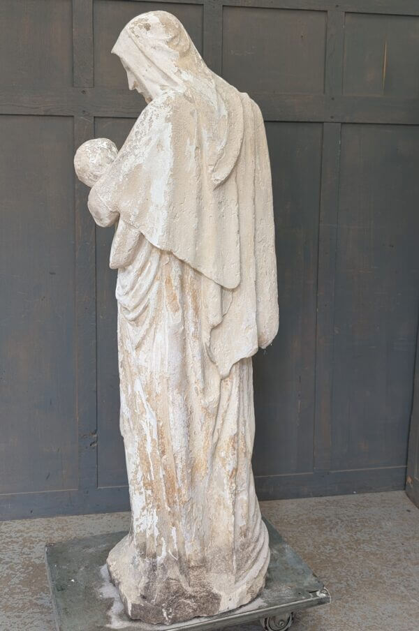 Lifesize Antique Carved Sandstone Religious Statue of Madonna and Child