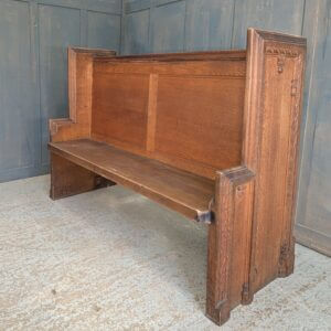 High Back 1924 Antique Heavy Carved Oak Choir Pew with Shaped Ends
