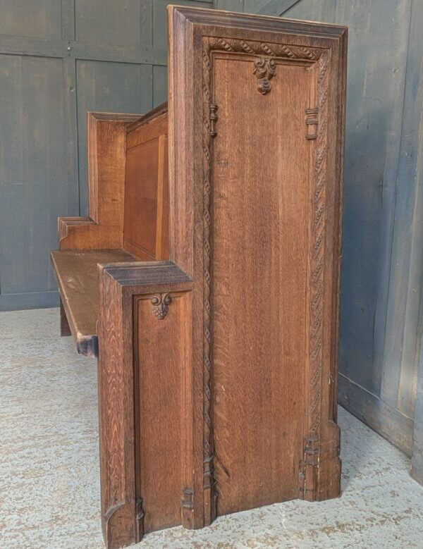 High Back 1924 Antique Heavy Carved Oak Choir Pew with Shaped Ends