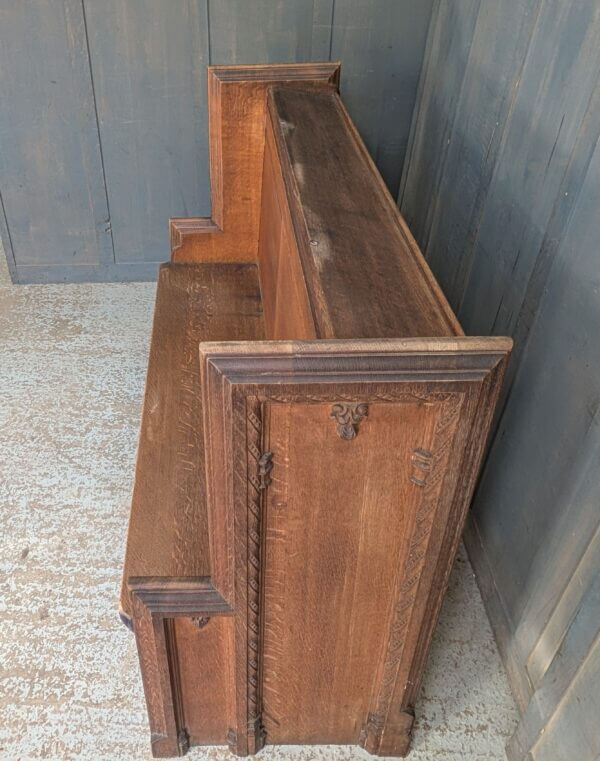 High Back 1924 Antique Heavy Carved Oak Choir Pew with Shaped Ends