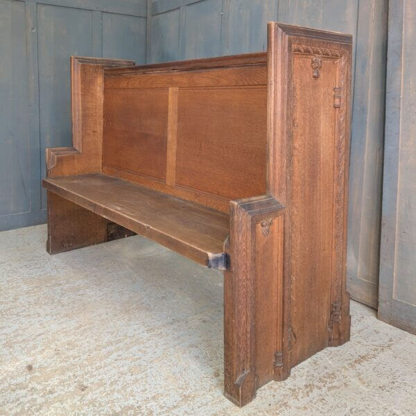 High Back 1924 Antique Heavy Carved Oak Choir Pew with Shaped Ends