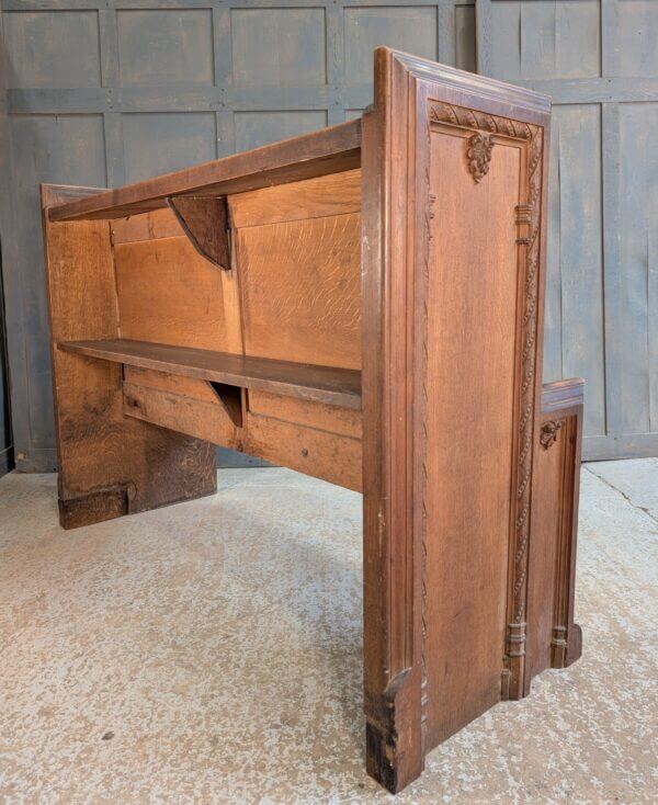 High Back 1924 Antique Heavy Carved Oak Choir Pew with Shaped Ends