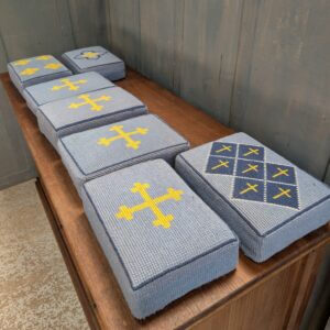 Set of 7 Embroidered Blue & Yellow Hassocks Cushions Kneelers from Midhurst Parish Church