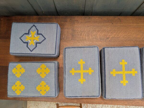 Set of 7 Embroidered Blue & Yellow Hassocks Cushions Kneelers from Midhurst Parish Church