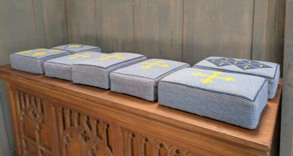Set of 7 Embroidered Blue & Yellow Hassocks Cushions Kneelers from Midhurst Parish Church